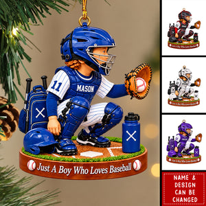Personalized Baseball Catcher Boy Acrylic Christmas Ornament, Boy Catching Pose