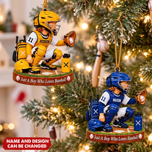 Personalized Baseball Catcher Boy Acrylic Christmas Ornament, Boy Catching Pose