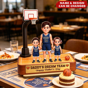 Basketball Daddy's Dream Team - Personalized 2-Layered Wooden Plaque - Father's Day Gift For Dad, Husband