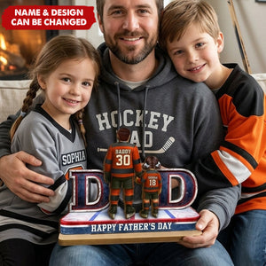 Hockey Dad And Kids Together - Personalized 2-Layered Wooden Plaque - Heartfelt Gift For Hockey Dad, Gift For Husband