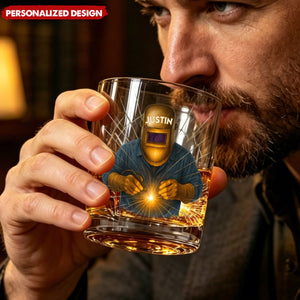 Artistic Welder At Work Custom Design, Personalized Custom Whiskey Glass, Gift For Craftsmen and Metal Workers