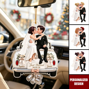 Groom Bride Sitting On Wedding Car - Personalized Acrylic Ornament - Wedding Keepsake