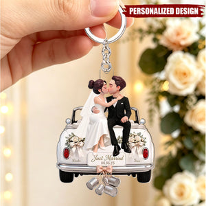 Groom Bride Sitting On Wedding Car- Personalized Acrylic Keychain - Wedding Keepsake