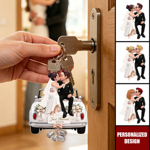 Groom Bride Sitting On Wedding Car- Personalized Acrylic Keychain - Wedding Keepsake