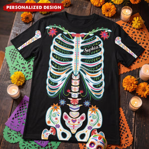 Day Of The Dead Sugar Skeleton Hispanic Mexican Latinos Flowers - Personalized Shirt