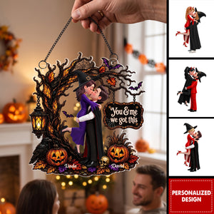 Couple Embracing Under a Spooky Halloween Tree – Personalized Acrylic Window Hanging
