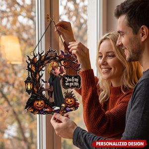 Couple Embracing Under a Spooky Halloween Tree – Personalized Acrylic Window Hanging