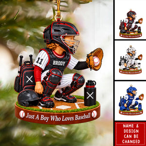 Personalized Baseball Catcher Boy Acrylic Christmas Ornament, Boy Catching Pose