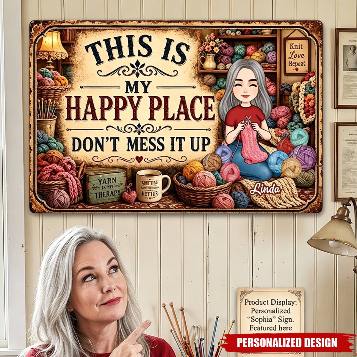 This Is My Happy Place - Funny Metal Sign For Crochet, Knitting Lovers - Personalized Metal Sign