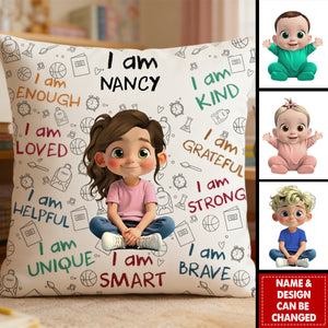 I Am Enough, Loved, Unique, Brave, Cartoon Girl - Personalized Custom Pillow