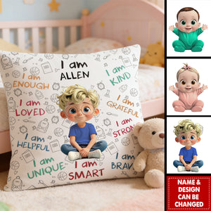 I Am Enough, Loved, Unique, Brave, Cartoon Girl - Personalized Custom Pillow