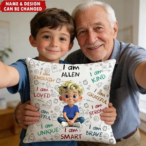 I Am Enough, Loved, Unique, Brave, Cartoon Girl - Personalized Custom Pillow