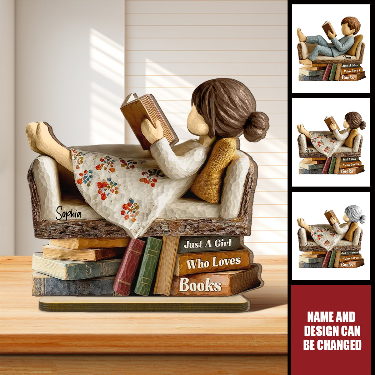 Man Woman Book Lover Reading Book On Sofa - Personalized Standing Wooden Plaque