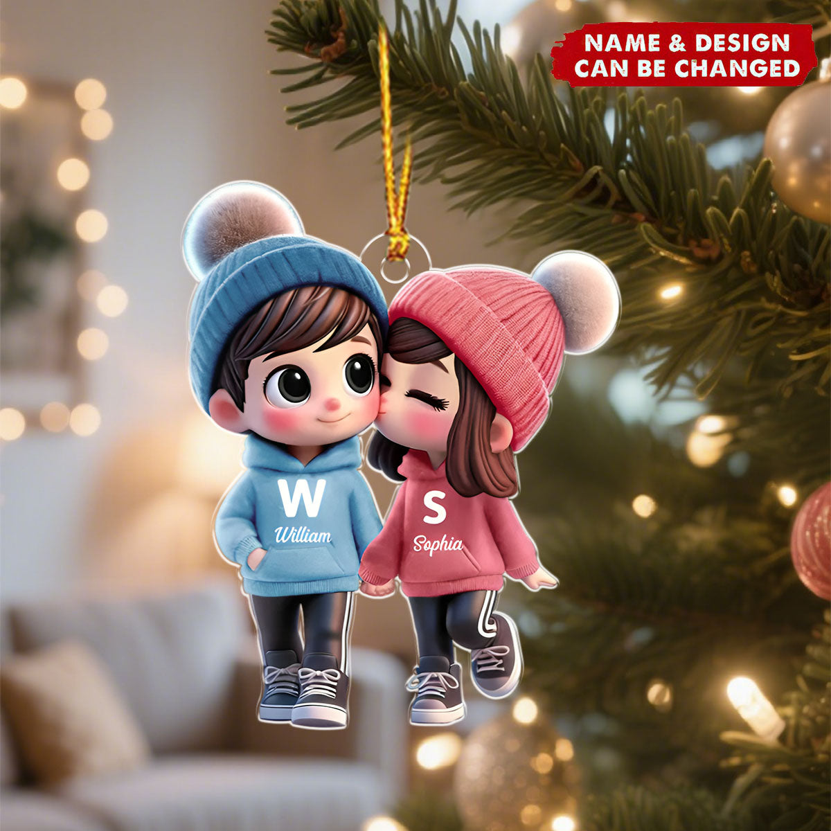 Cute Cartoon Couple Walking Personalized Acrylic Christmas Ornament