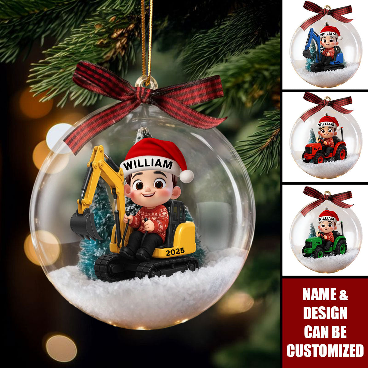 Little Boy Kid With Car Excavator Backhoe Tractor - Personalized Snow Globe Ornament