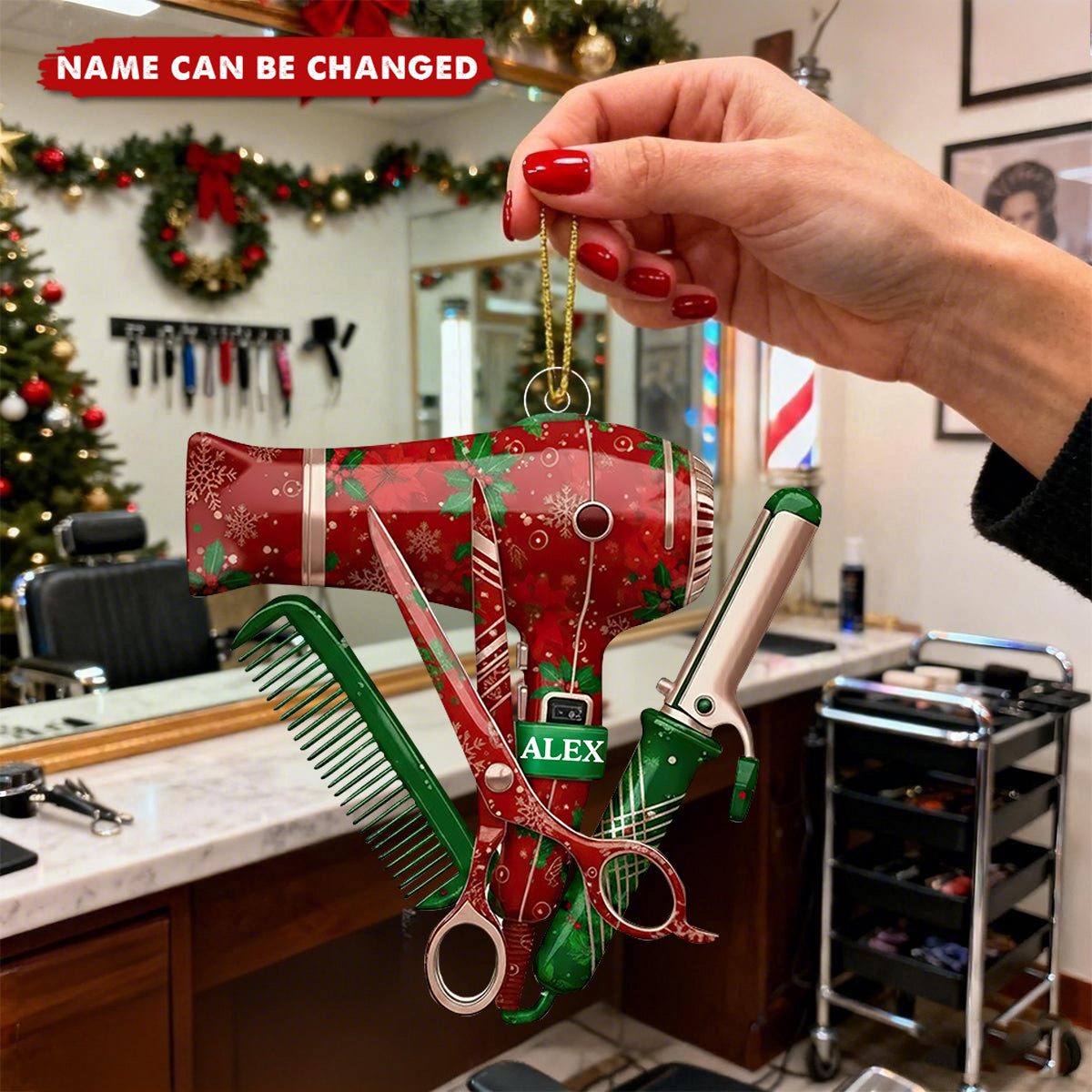 Personalized hairstylist tool christmas ornament, hairdresser barber gift, scissors blow dryer comb salon decor