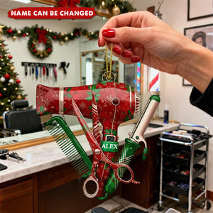 Personalized hairstylist tool christmas ornament, hairdresser barber gift, scissors blow dryer comb salon decor