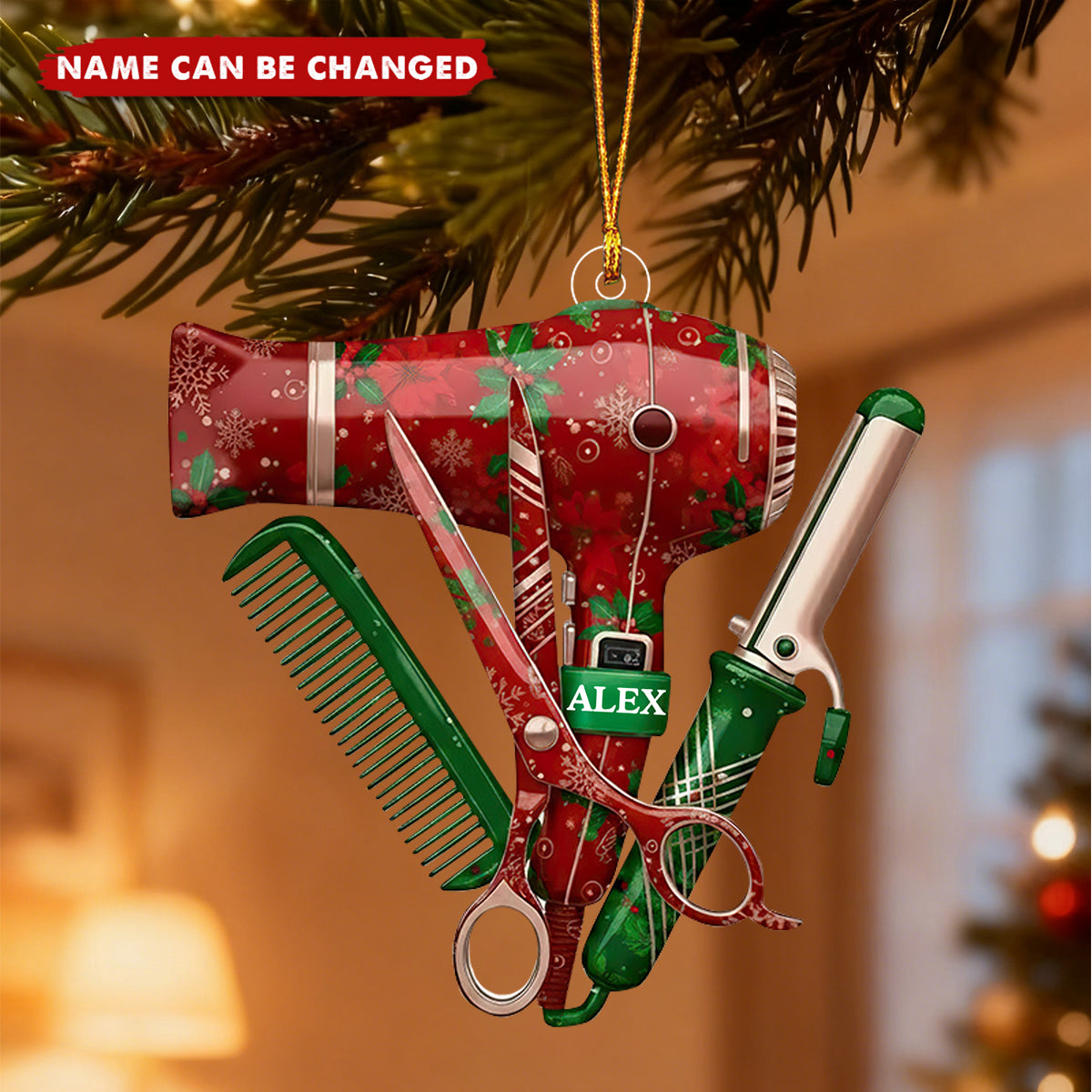 Personalized hairstylist tool christmas ornament, hairdresser barber gift, scissors blow dryer comb salon decor