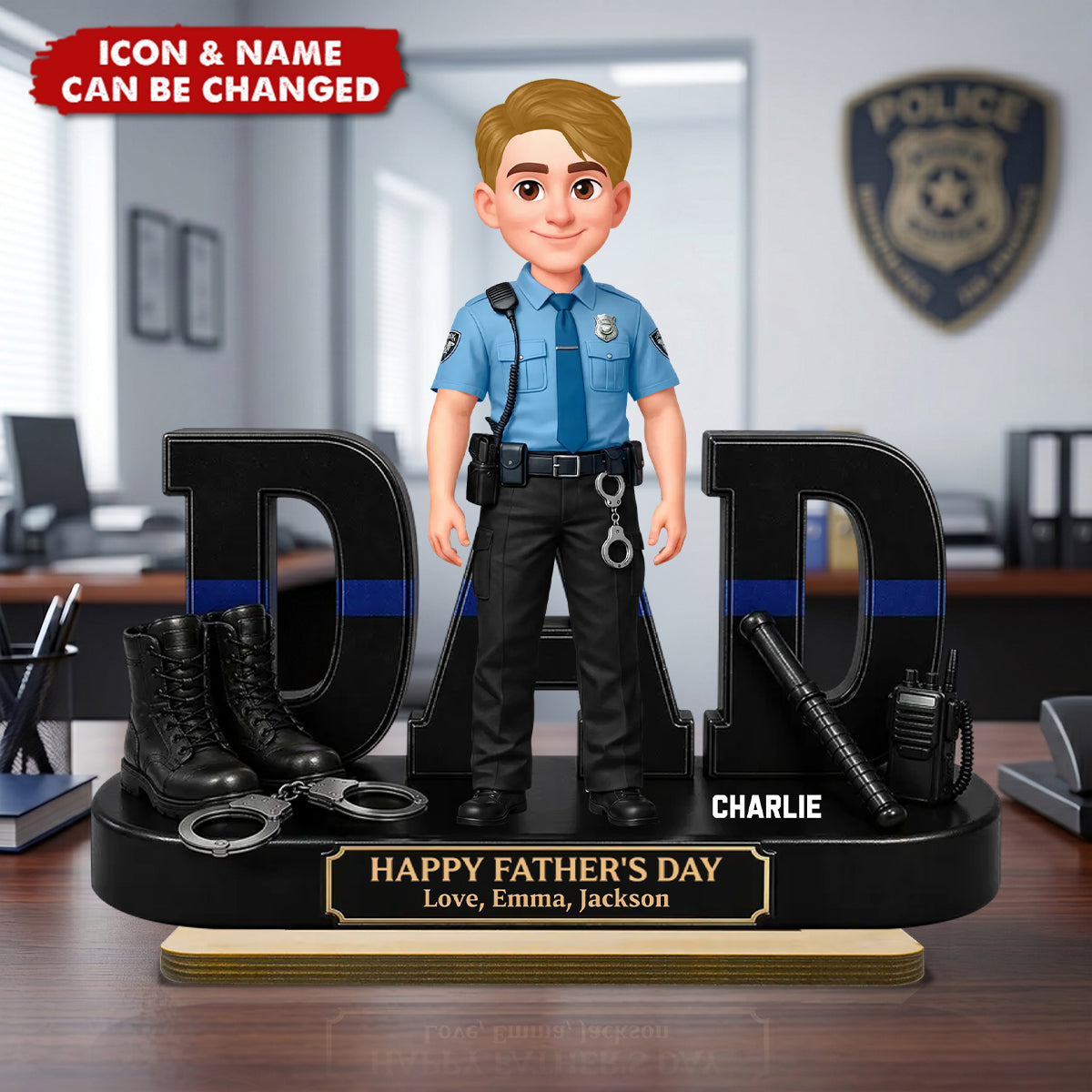 Proud American Police Officer Dad - Personalized 2-Layered Wooden Plaque - Father's Day Gift For Dad