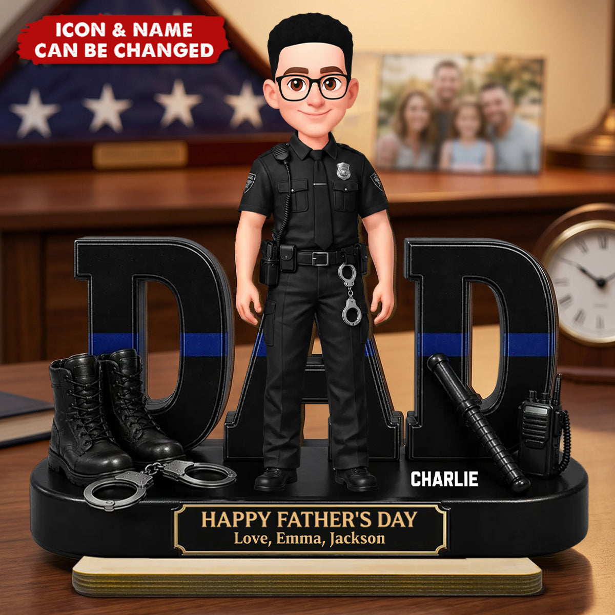 Proud American Police Officer Dad - Personalized 2-Layered Wooden Plaque - Father's Day Gift For Dad