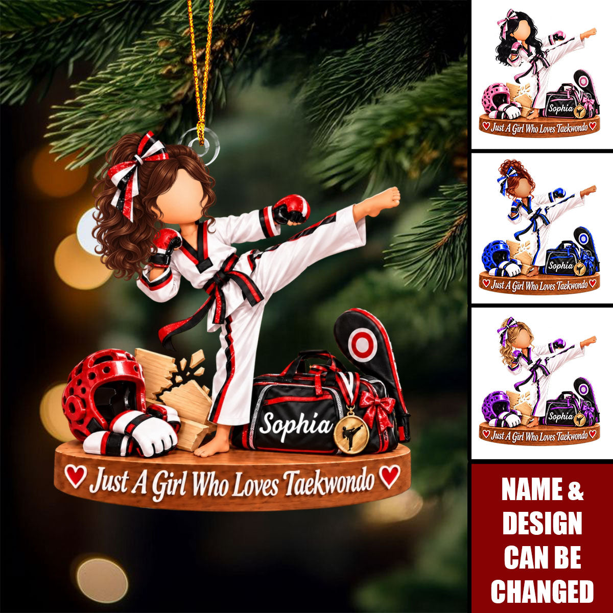 Personalized Taekwondo Girl Ornament, Custom Name Martial Arts Christmas Gift