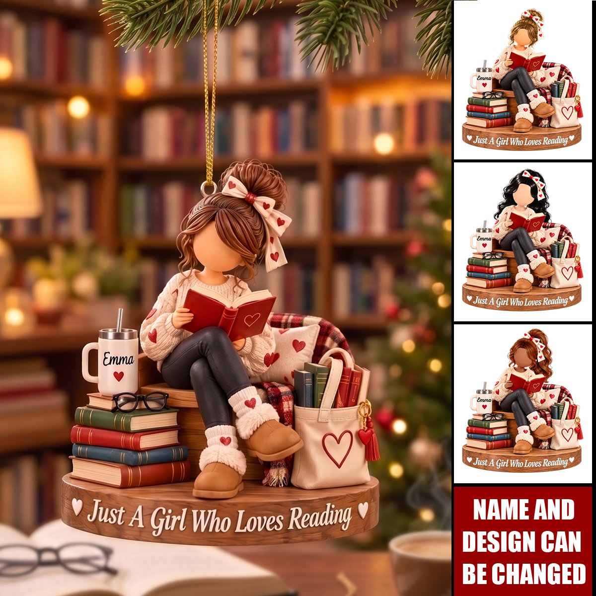 Personalized Acrylic Reading Ornament, Custom Book Lover Gift For Sister