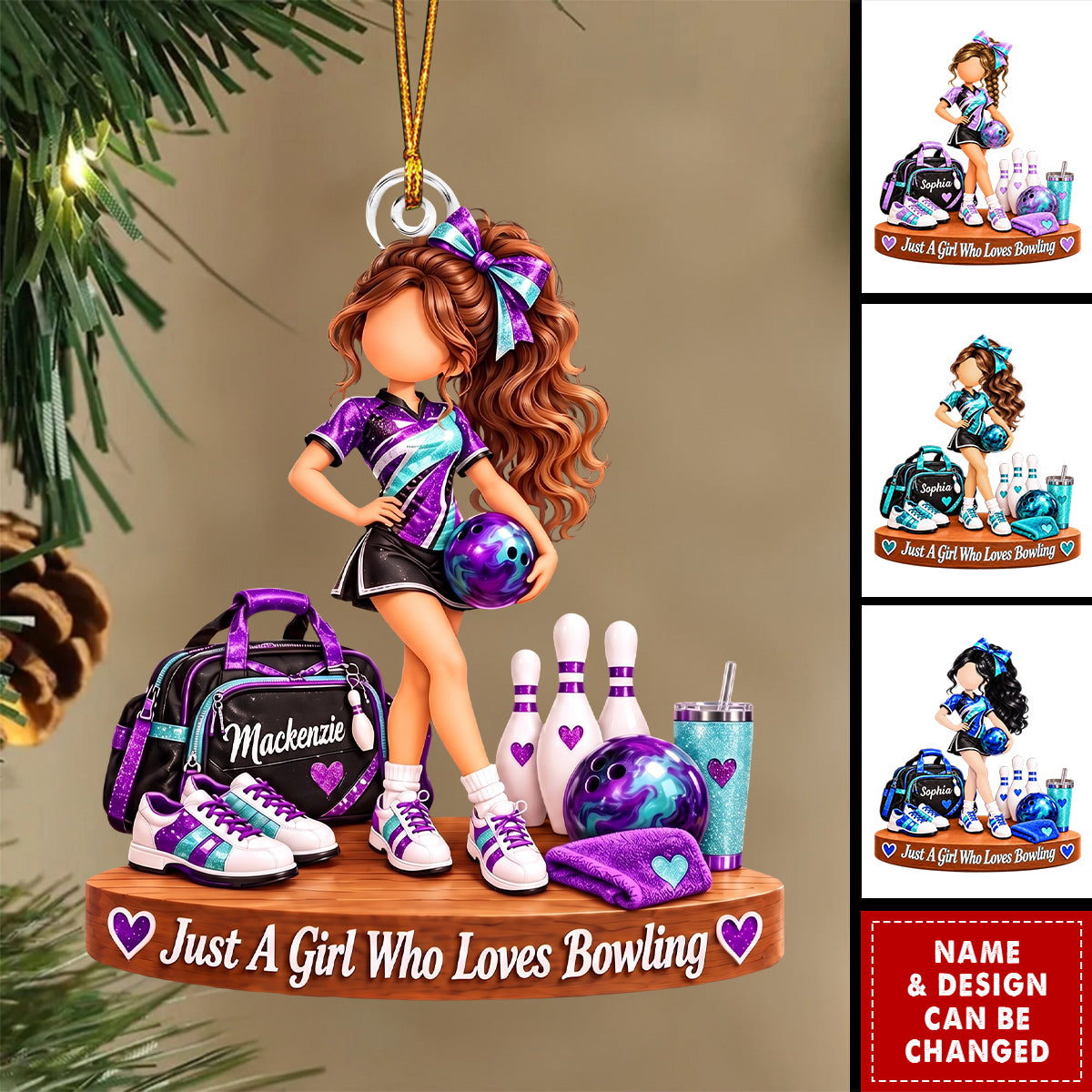 Personalized Bowling Girl Ornament, Custom Name Bowler Christmas Gift
