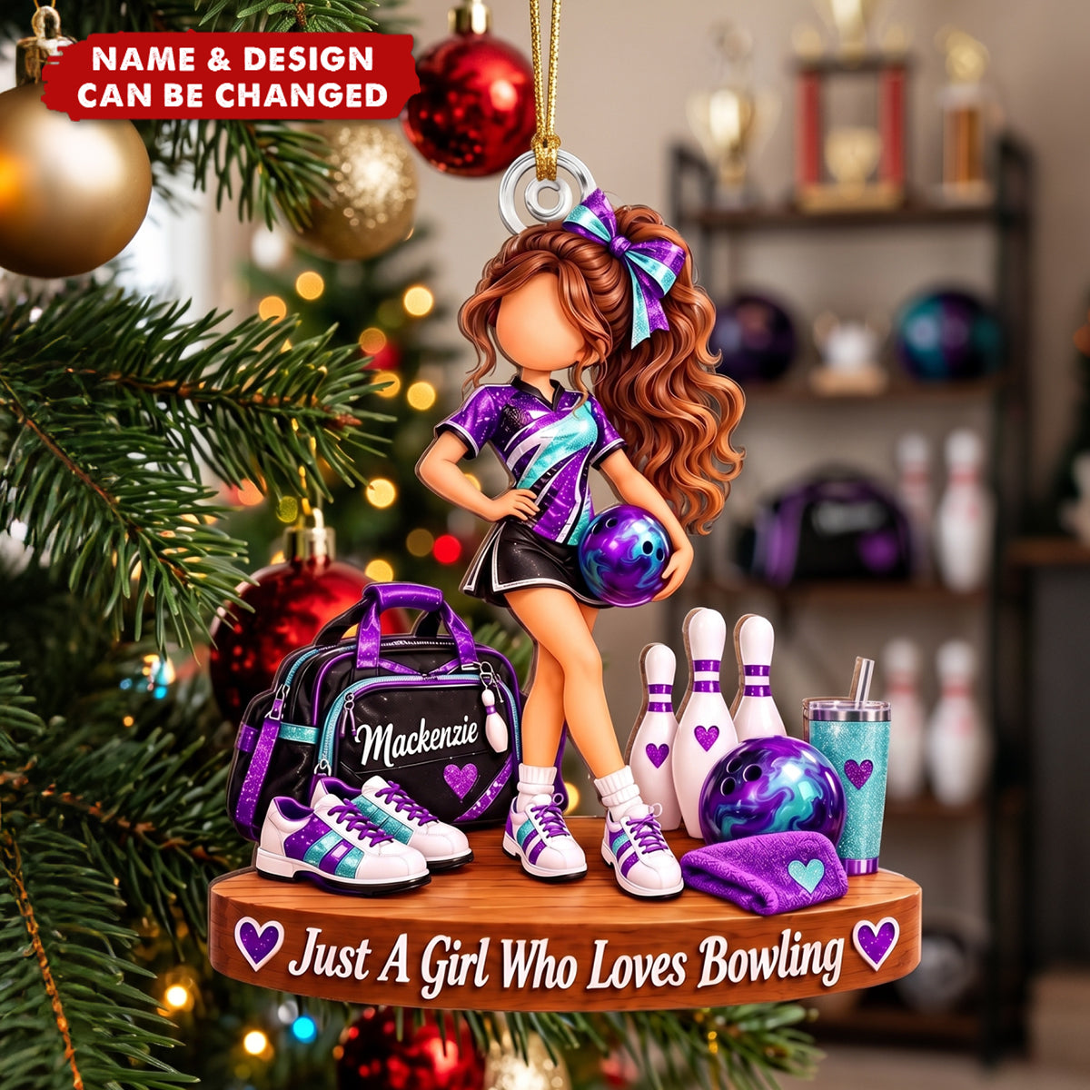 Personalized Bowling Girl Ornament, Custom Name Bowler Christmas Gift