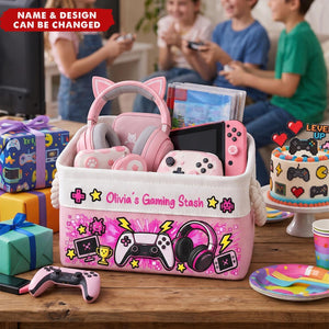Gaming Basket For Son, Daughter Custom With Name - Personalized Storage Basket