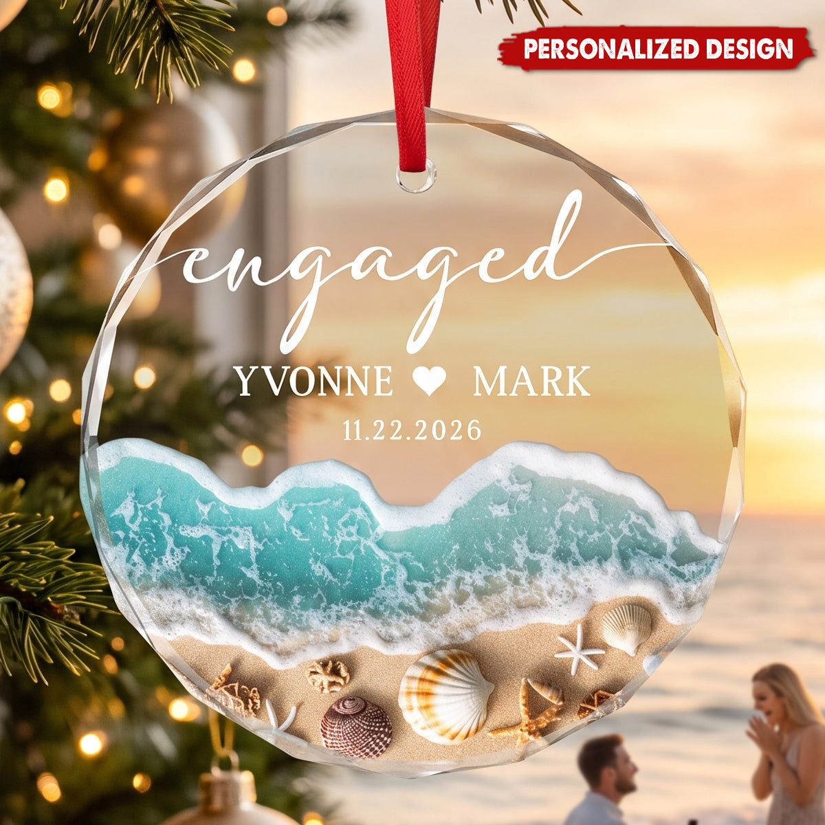 Personalized Beach Engaged Ornament , Engagement Gift, First Christmas Engaged Gift