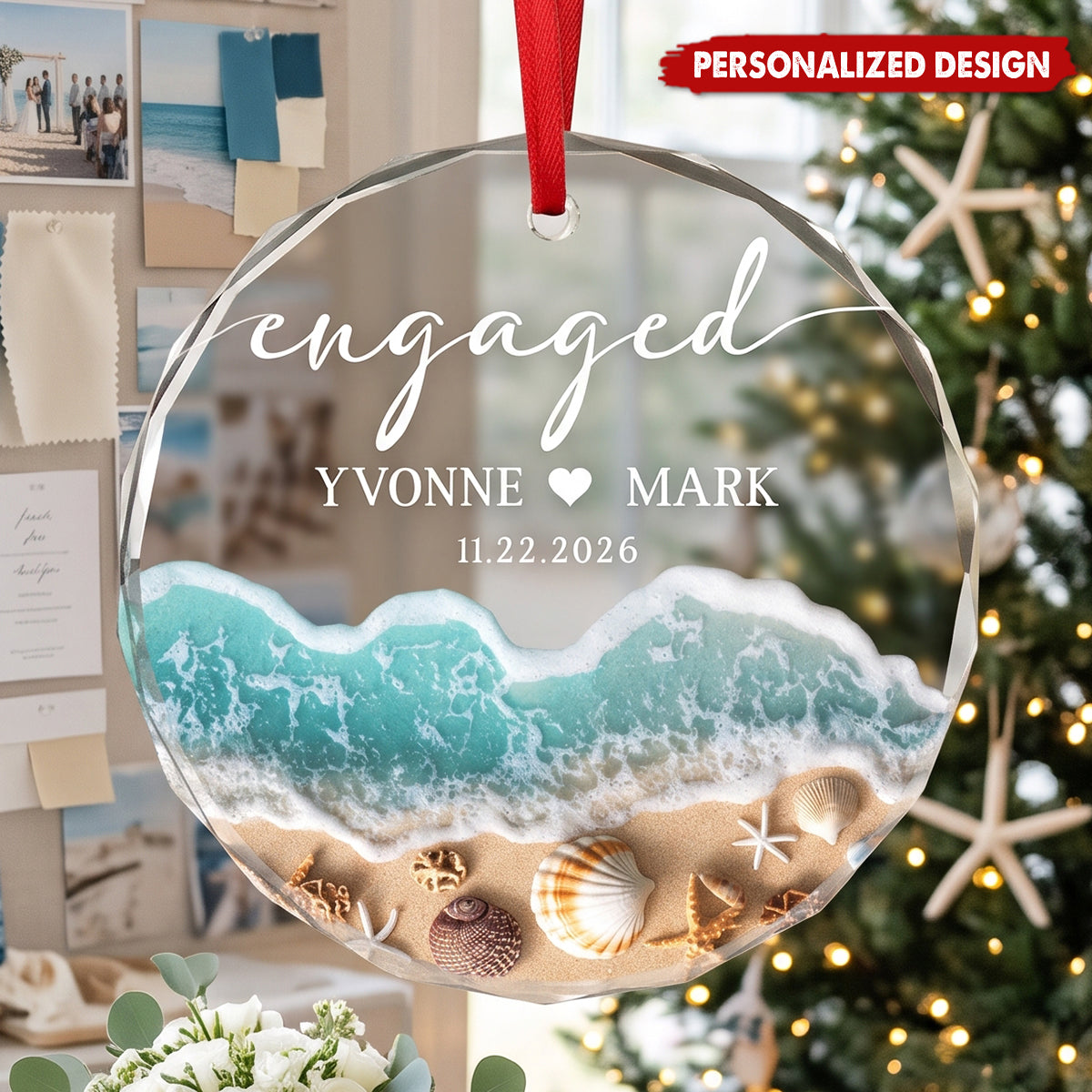 Personalized Beach Engaged Ornament , Engagement Gift, First Christmas Engaged Gift