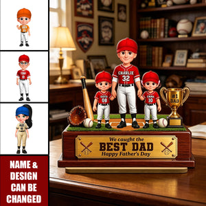 Baseball We Caught The Best Dad - Personalized 2-Layered Wooden Plaque - Father's Day Gift For Dad