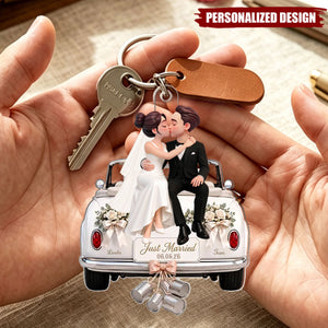 Groom Bride Sitting On Wedding Car- Personalized Acrylic Keychain - Wedding Keepsake