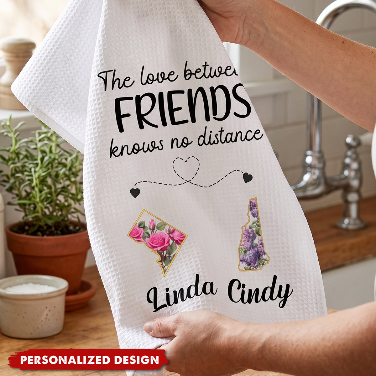 Custom Long Distance Kitchen Towel - Personalized Best Friend Birthday Gifts For Women, Besties, Sisters, BFF - Partners In Fun