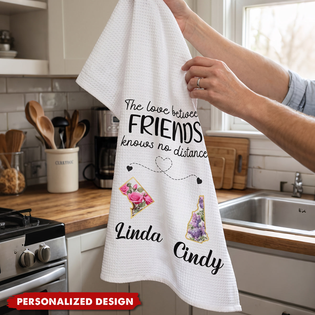 Custom Long Distance Kitchen Towel - Personalized Best Friend Birthday Gifts For Women, Besties, Sisters, BFF - Partners In Fun