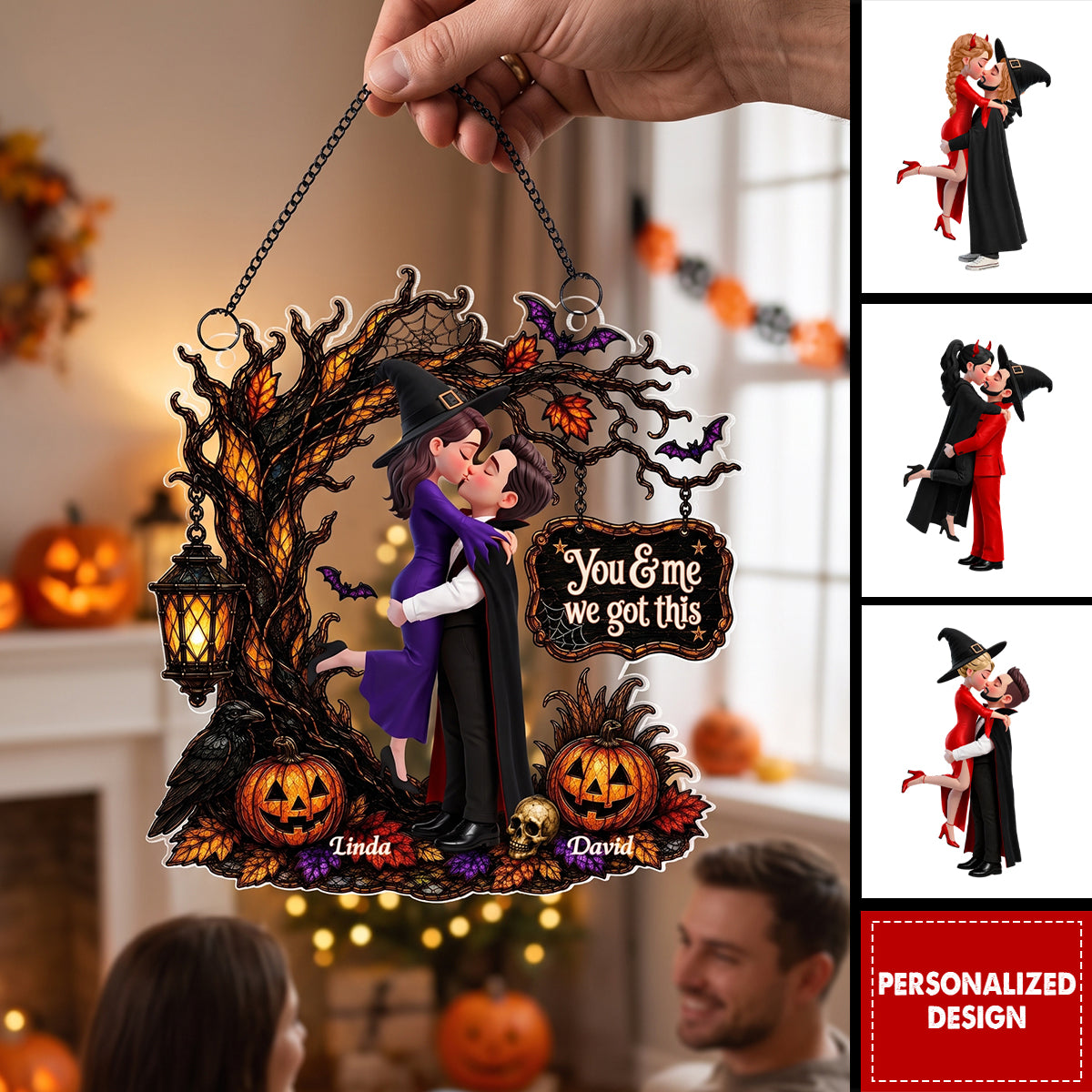 Couple Embracing Under a Spooky Halloween Tree – Personalized Acrylic Window Hanging