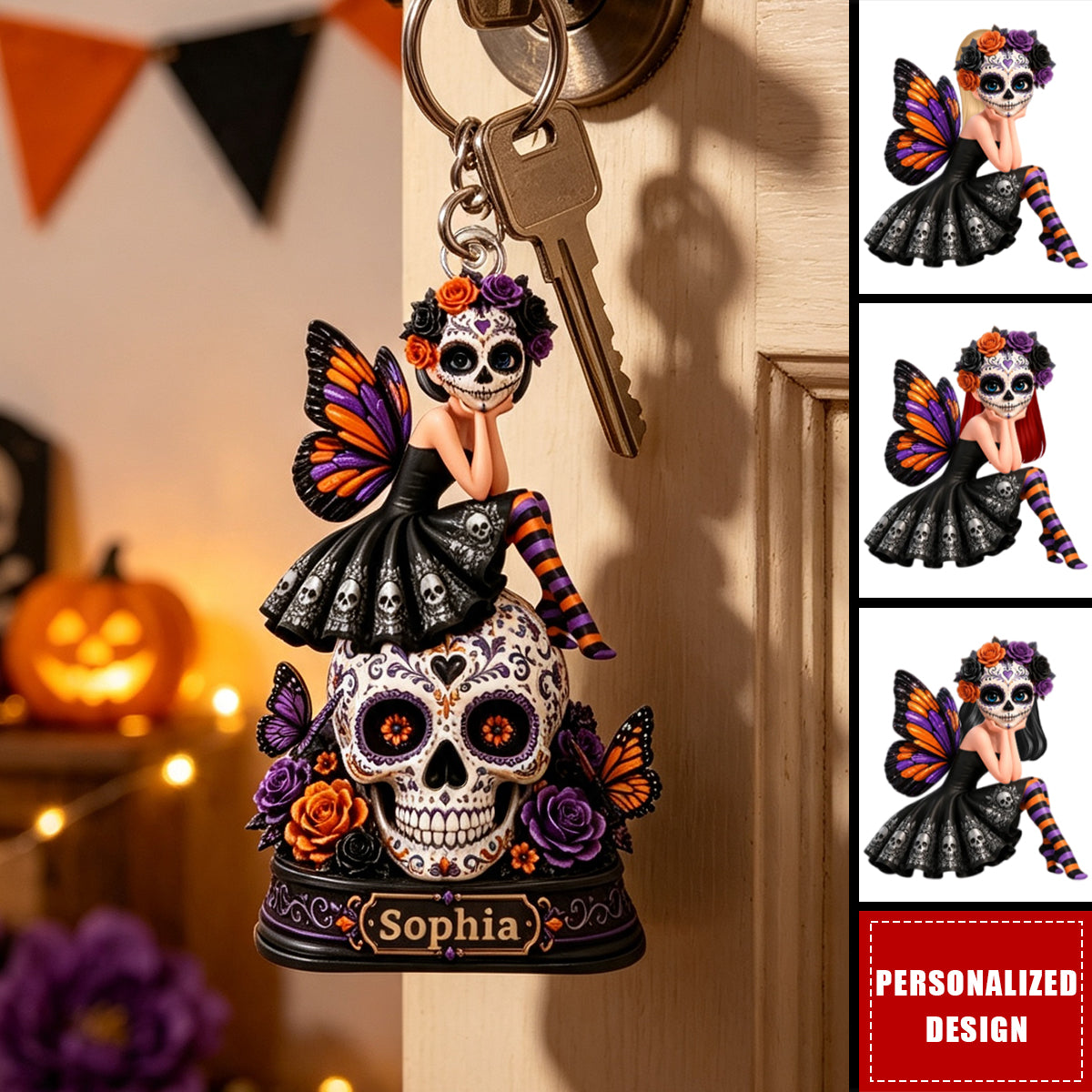 Sugar Skull Girl - Personalized Keychain - Halloween Decoration