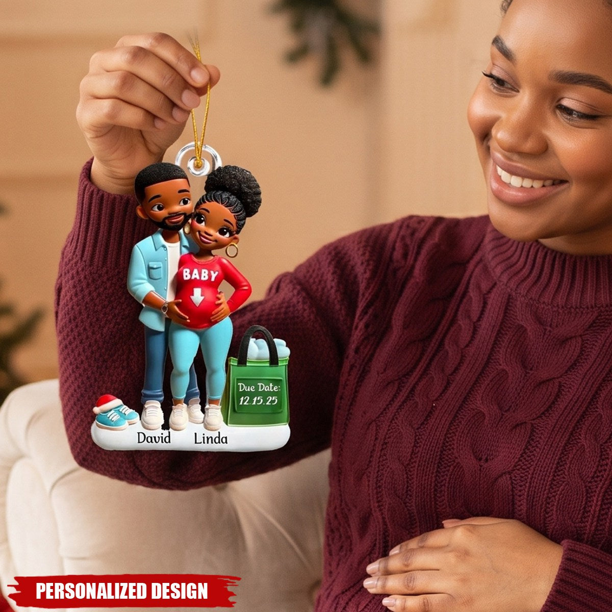 Personalized Baby On The Way Afro Couple Valentine's Day Ornament