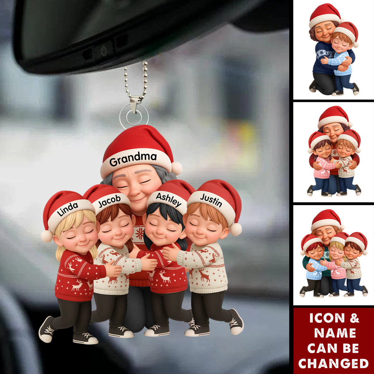Grandma Hugging Grandkids - Personalized Car Ornament