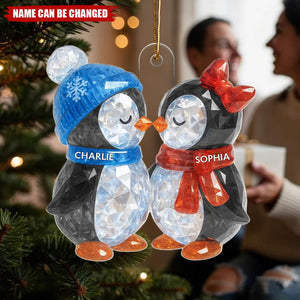 Christmas Penguins Couple Crystal Effect Personalized Acrylic Ornament - Heartwarming Christmas Gift for Couple