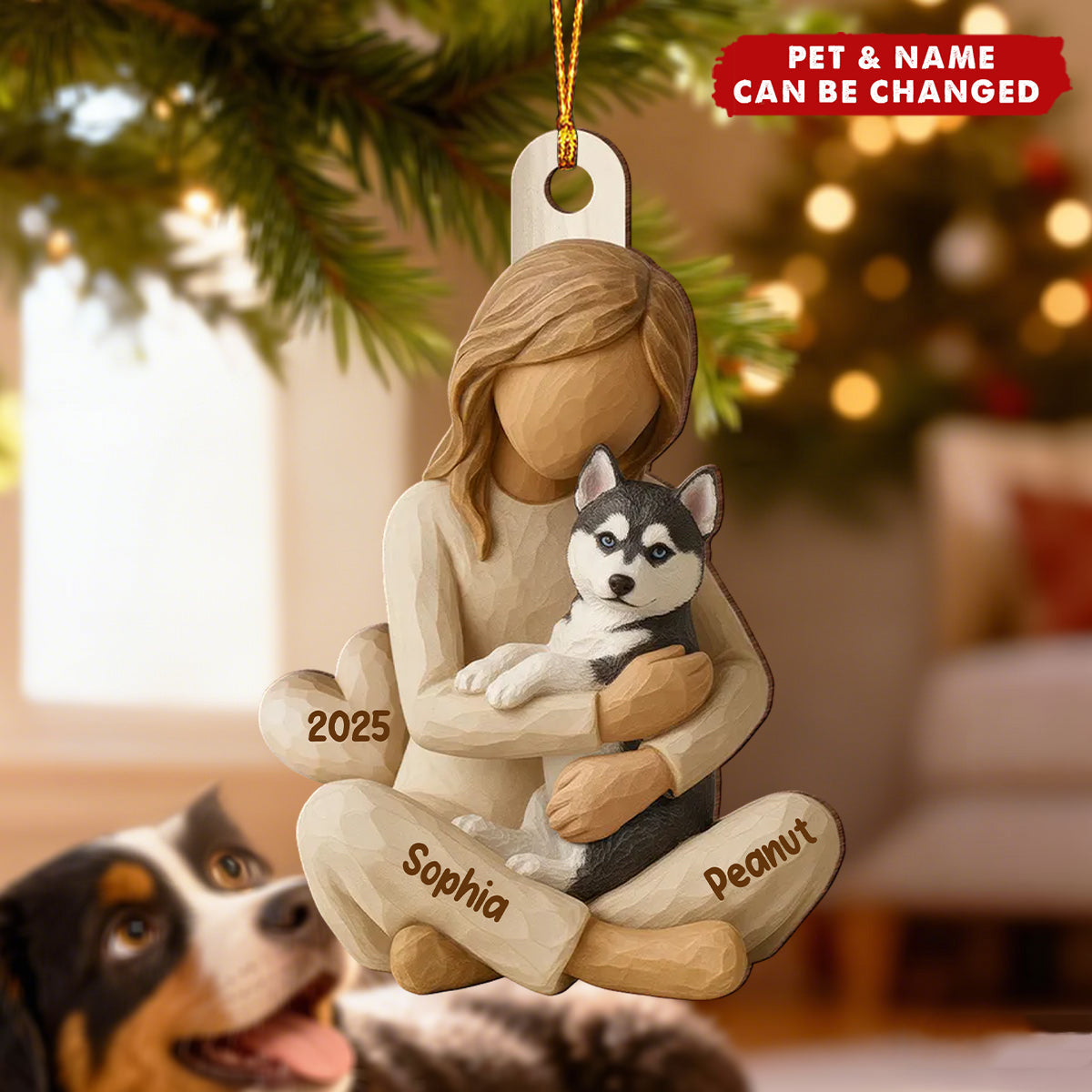 Girl & Her Dog - Personalized Wooden Ornament - Gift For Dog Lover