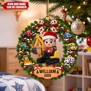 Little Boy Kid With Excavator - Personalized  Ornament - Christmas Gift For Grandkids