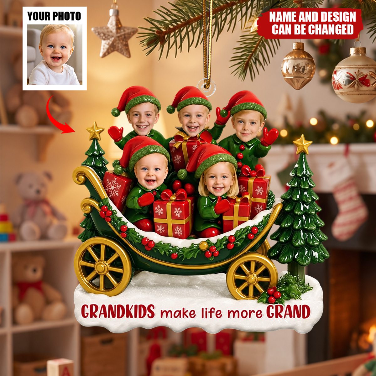 Christmas Grandkids Sleigh Scene - Festive Ornament