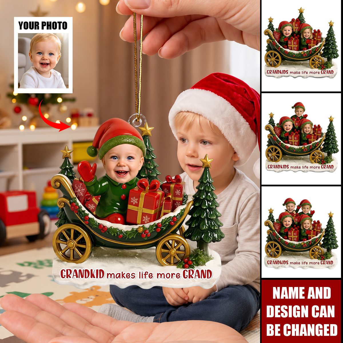 Christmas Grandkids Sleigh Scene - Festive Ornament