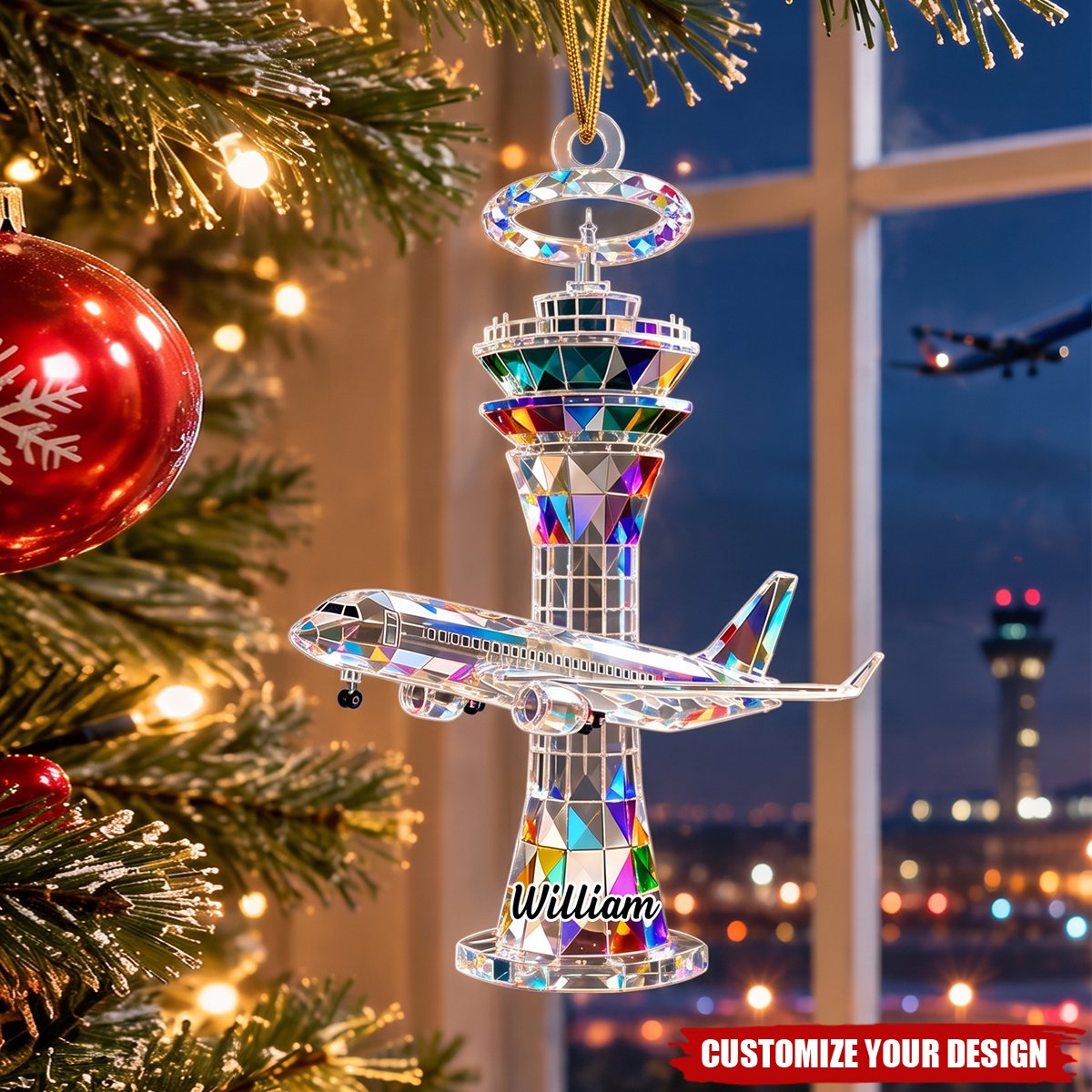 Personalized Airplane Tower Christmas Ornament, Custom Name Airplane Ornament