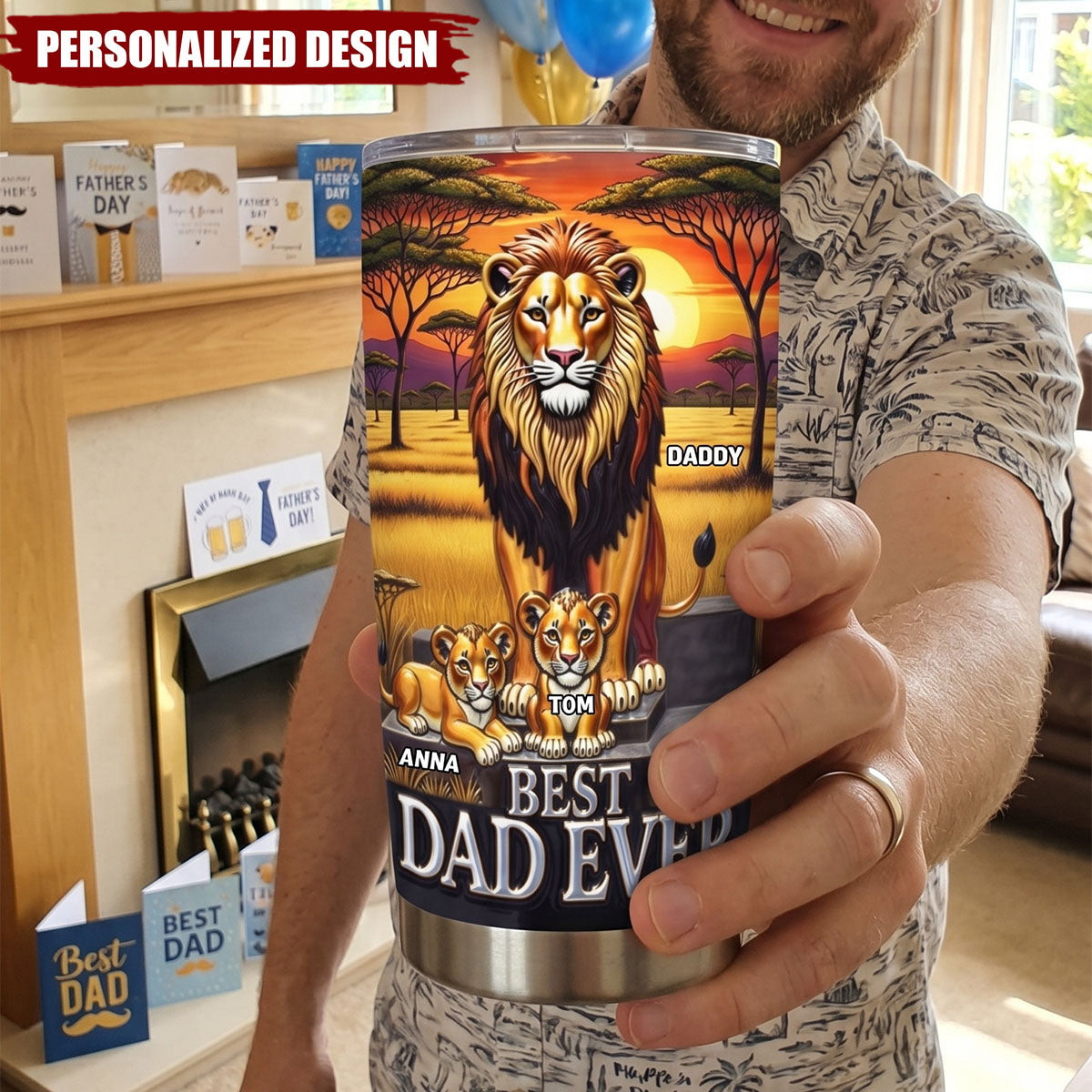 Lion Dad And Kid - Personalized Tumbler - Father's Day Gifts For Dad